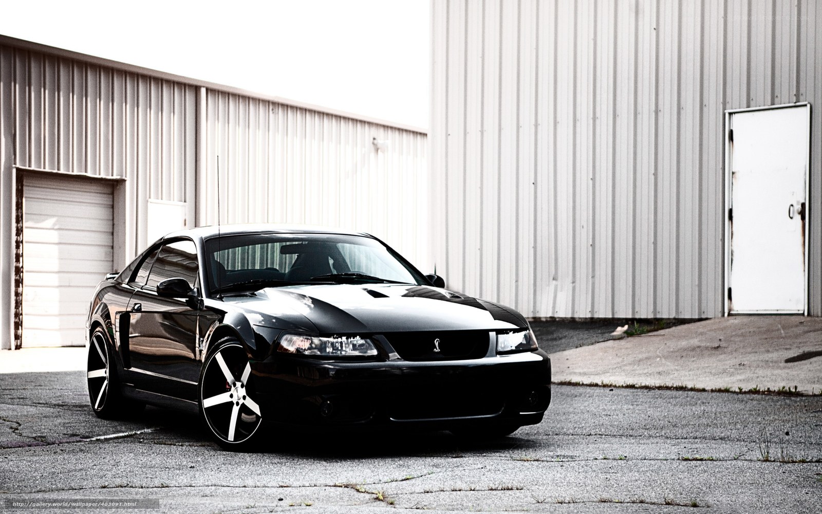 Black Ford Mustang in front of warehouse
