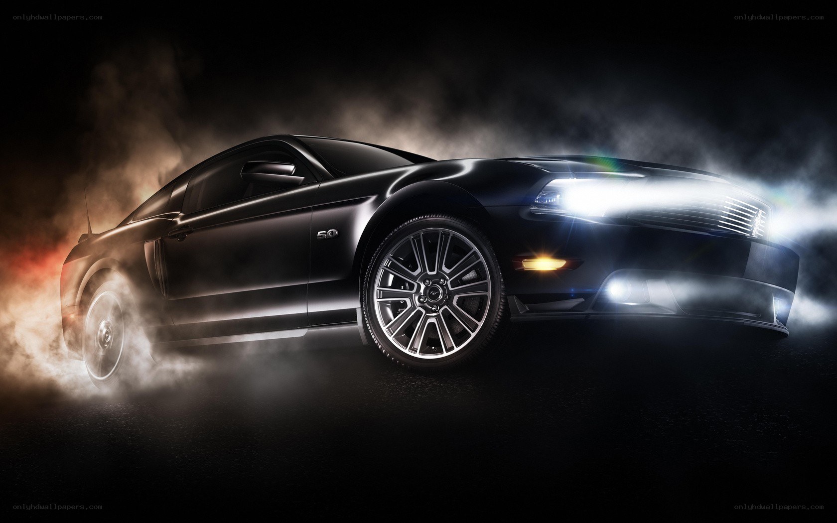 Black Ford Mustang in smoke