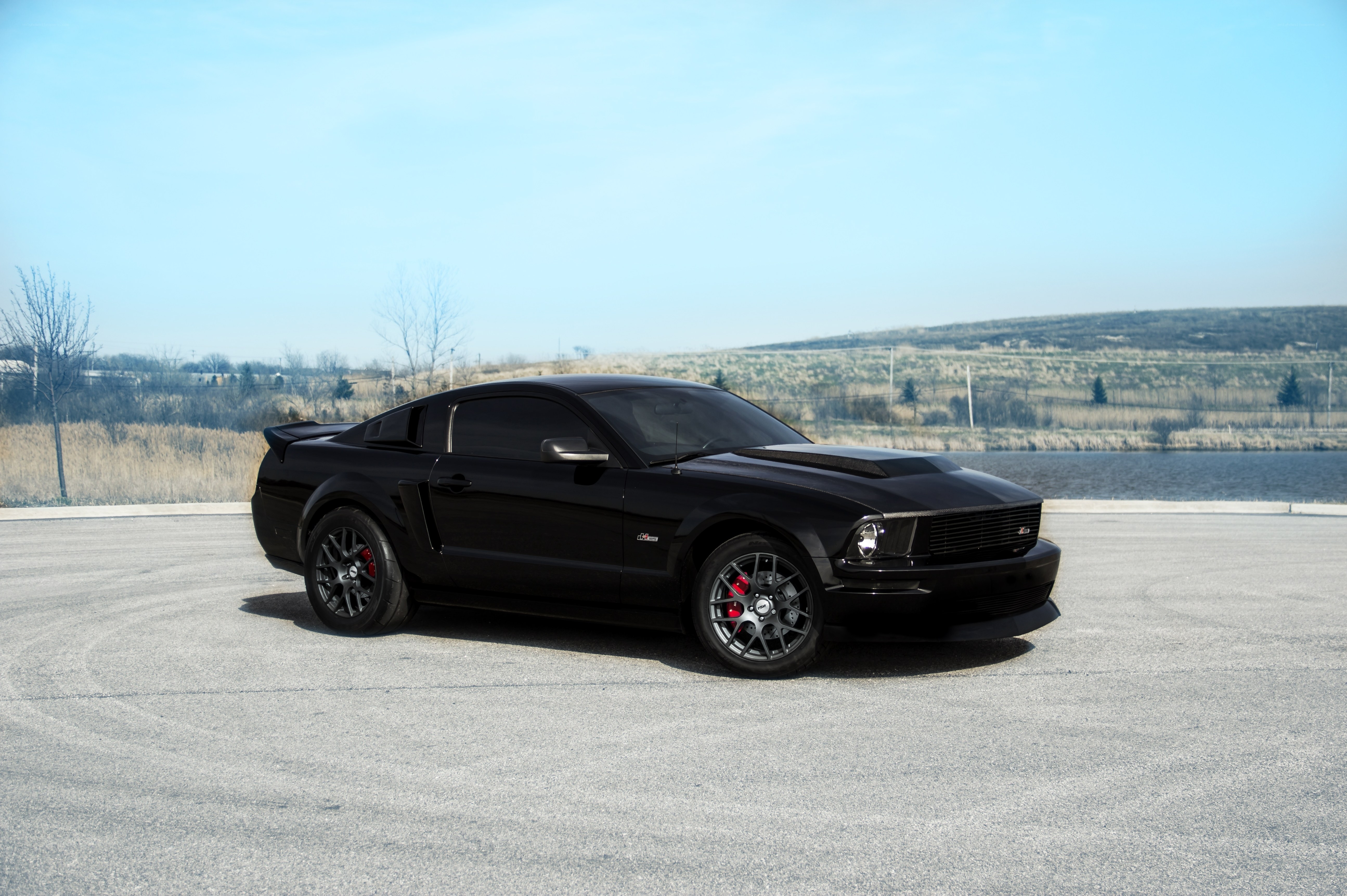 Black Ford Mustang on asphalt