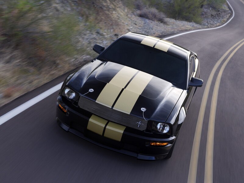 Black Ford Mustang on winding road