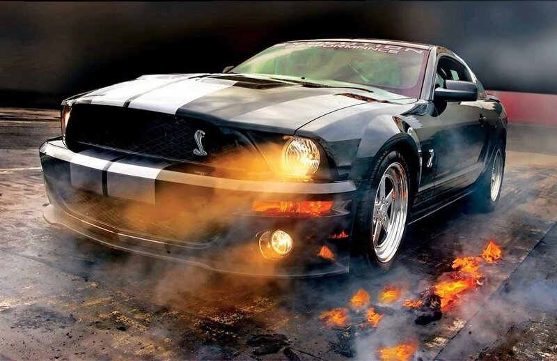 Black Ford Mustang with flames