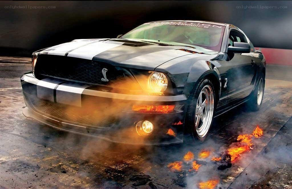 Black Ford Mustang with flames