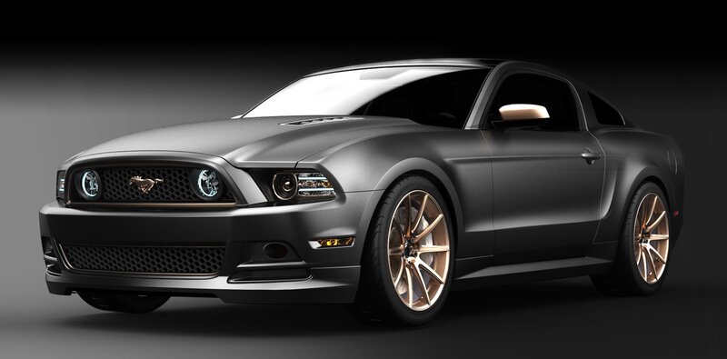 Black Ford Mustang with gold wheels