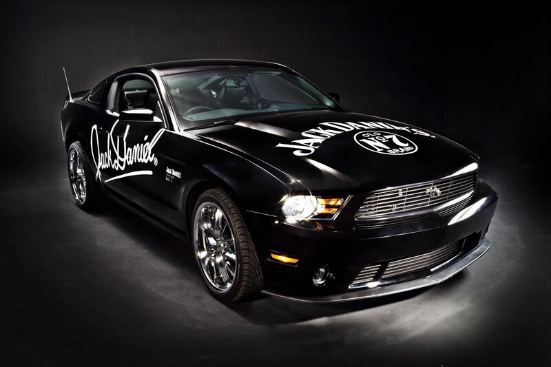 Black Ford Mustang with Jack Daniel's branding
