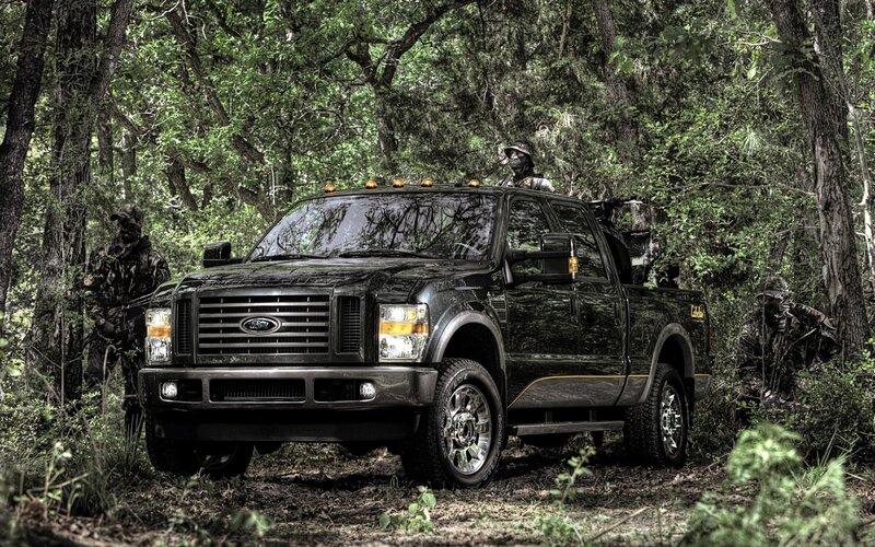 Black Ford Truck in Forest — Green, Dramatic