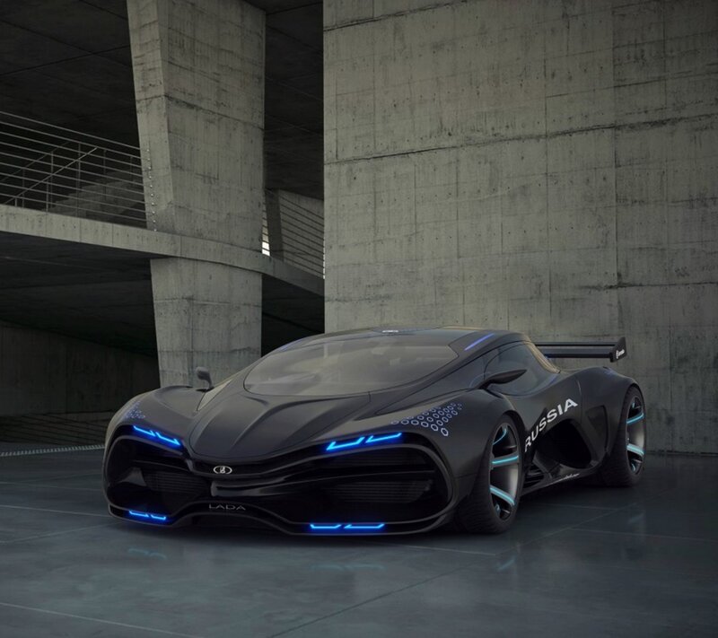 Black Futuristic Sports Car — Dramatic, 3d Render, Concrete Structure