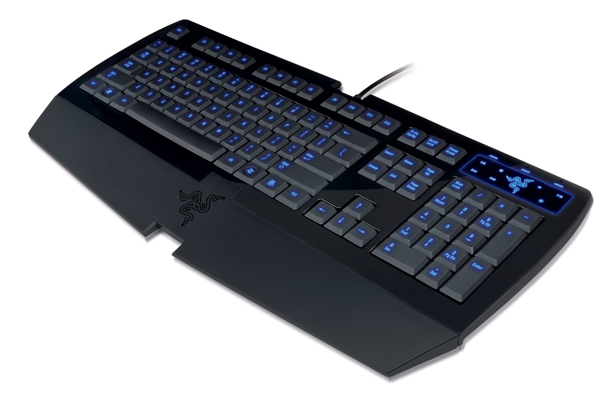 black gaming keyboard with blue backlight