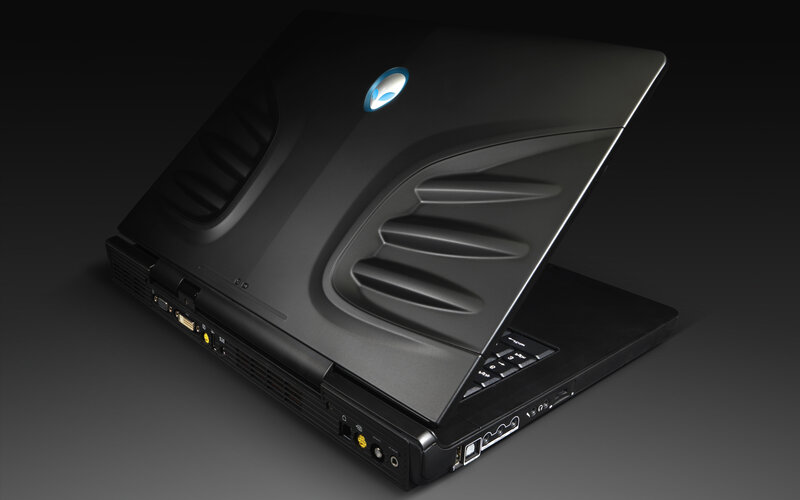 black gaming laptop with alien logo