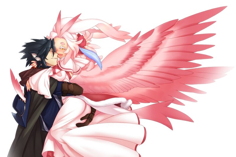 Black-haired Man Hugging Pink-winged Woman