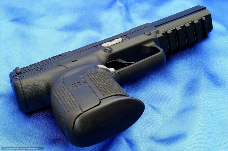 Black Handgun on Blue Cloth — Neutral, Photograph, Blue Fabric, Gun