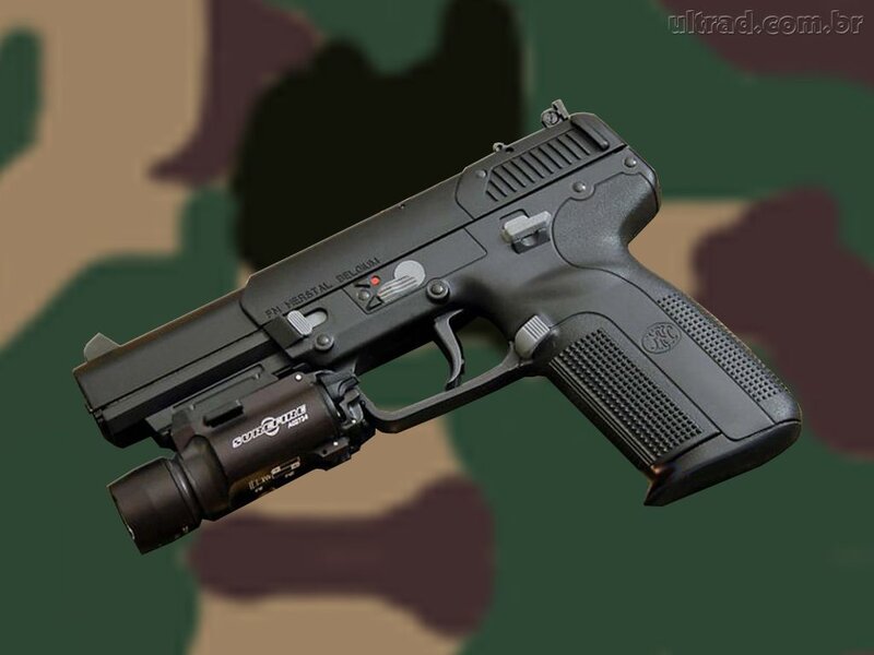 Black Handgun with Flashlight — Neutral, Photograph, Camouflage Background