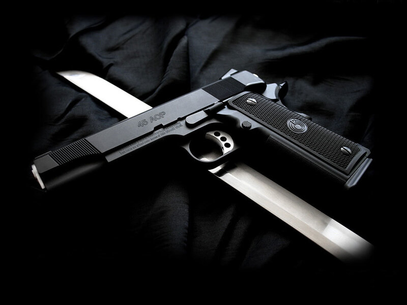 Black Handgun with Knife — Dramatic, Photograph, Cloth