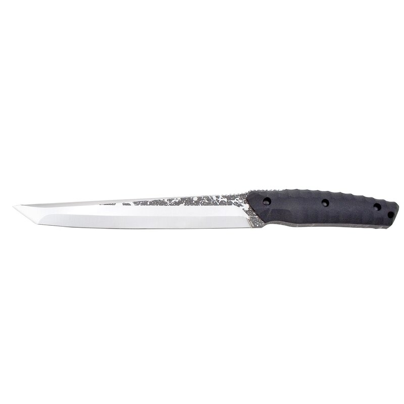 black-handled knife with patterned blade