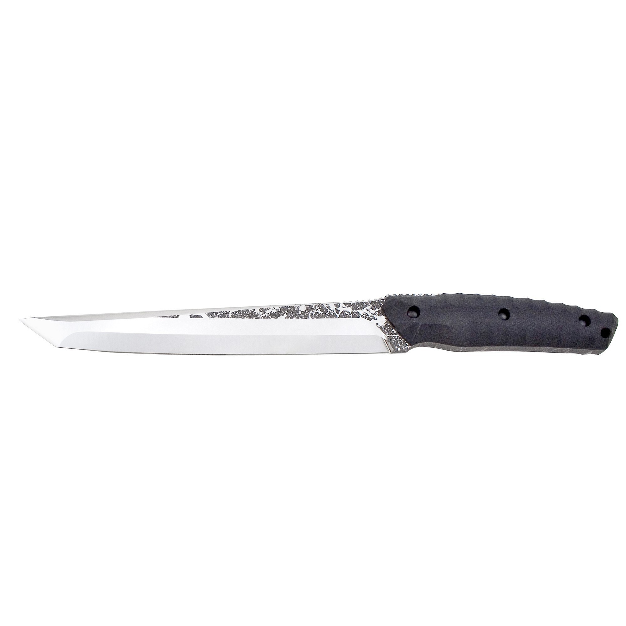black-handled knife with patterned blade