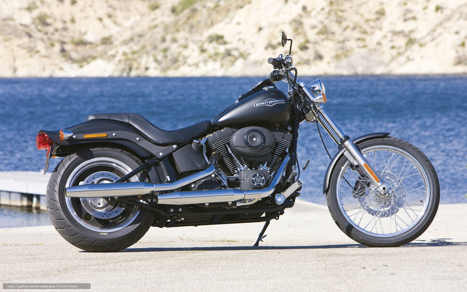 Black Harley-Davidson motorcycle by water