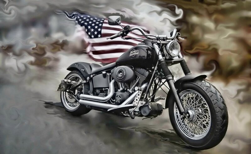 Black Harley-davidson Motorcycle — Dramatic, Digital Art, American Flag