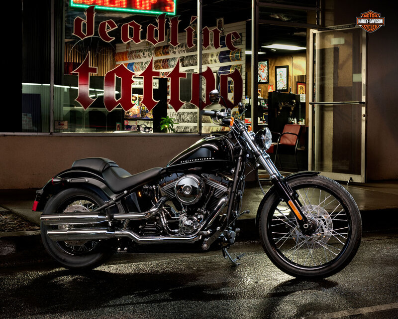 Black Harley-davidson Motorcycle — Dramatic, Night, Photograph, Tattoo Parlor