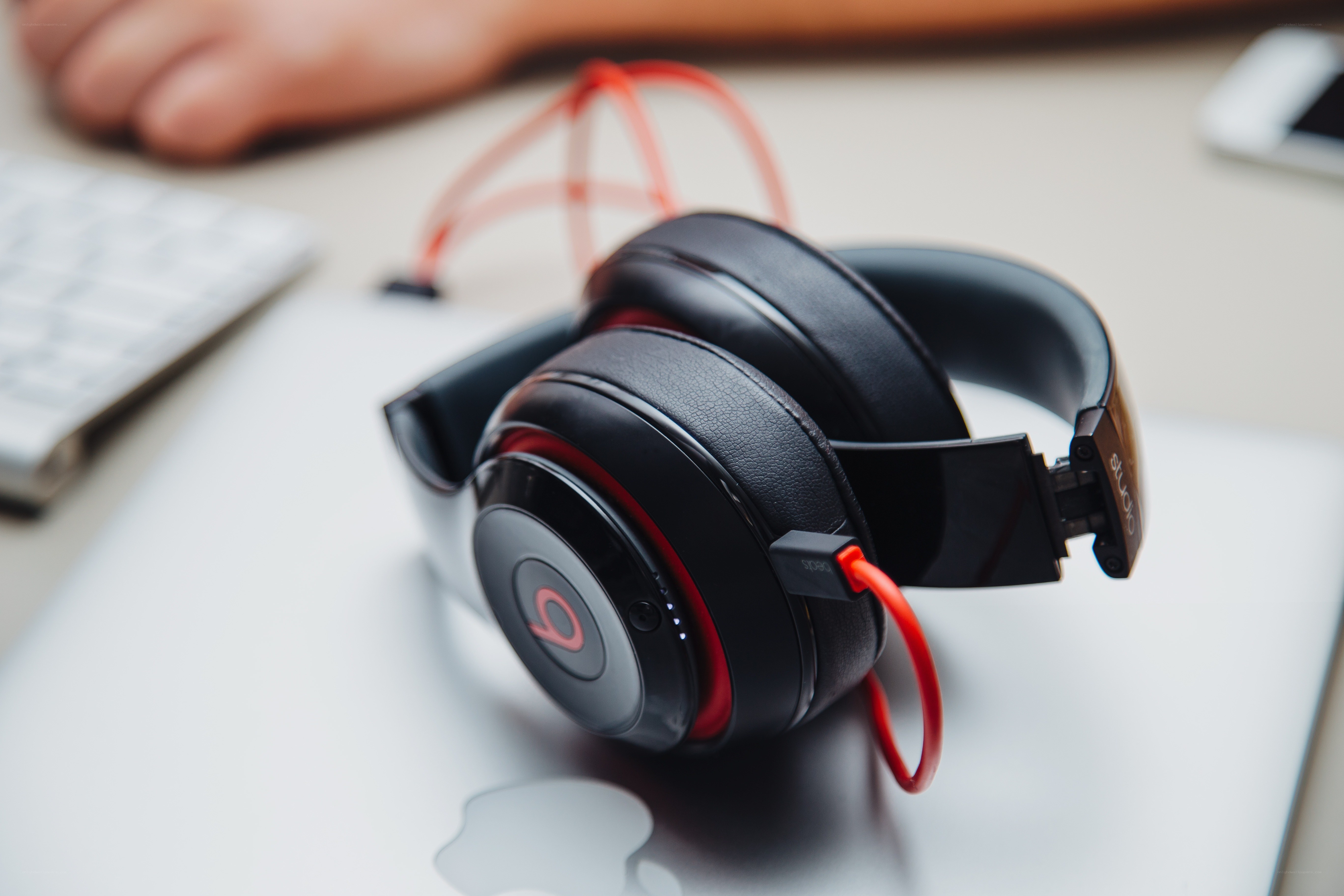 black headphones on laptop