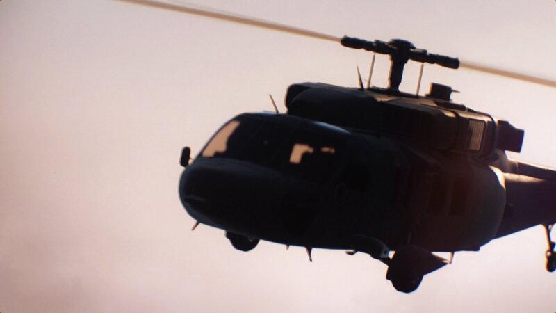 Black Helicopter in Flight — Gray, Dramatic