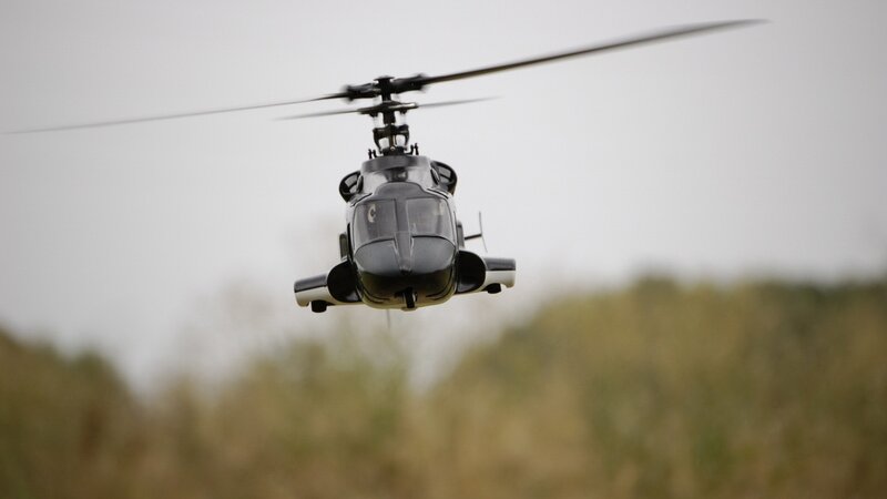 Black Helicopter in Flight — Gray, Neutral, Photograph