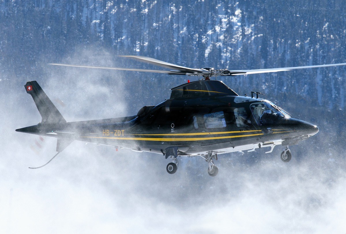 Black helicopter in snowy forest