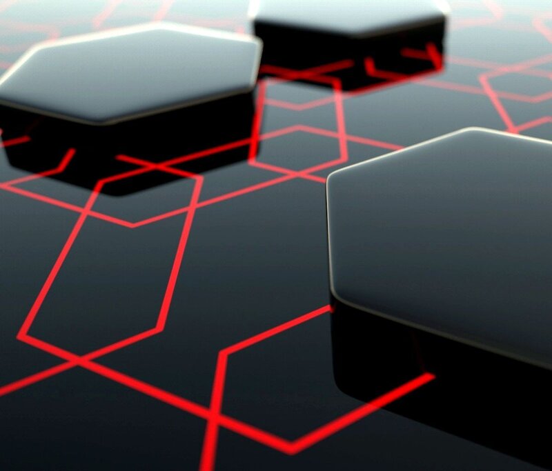 Black Hexagons on Red Grid — Technological