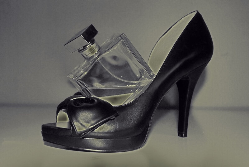 Black High-heeled Shoe — Dramatic, Photograph, Perfume Bottle