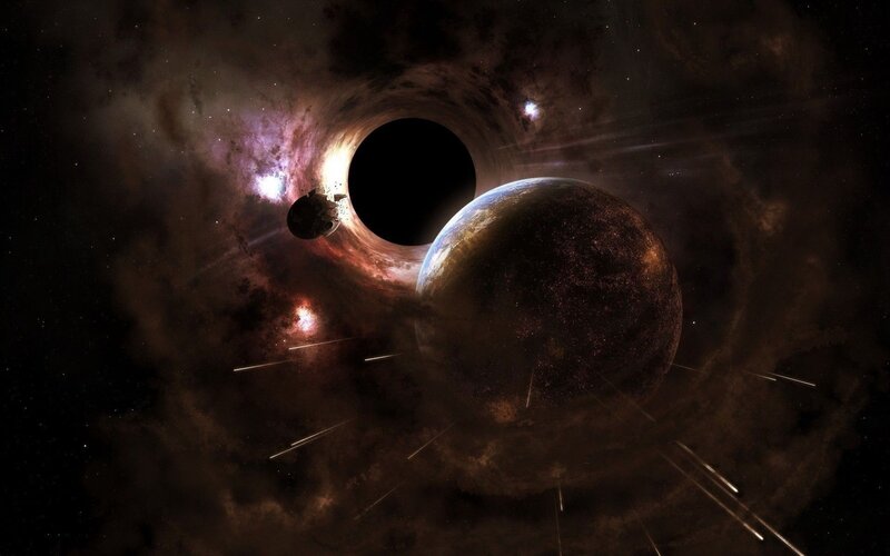 Black hole and planet in space