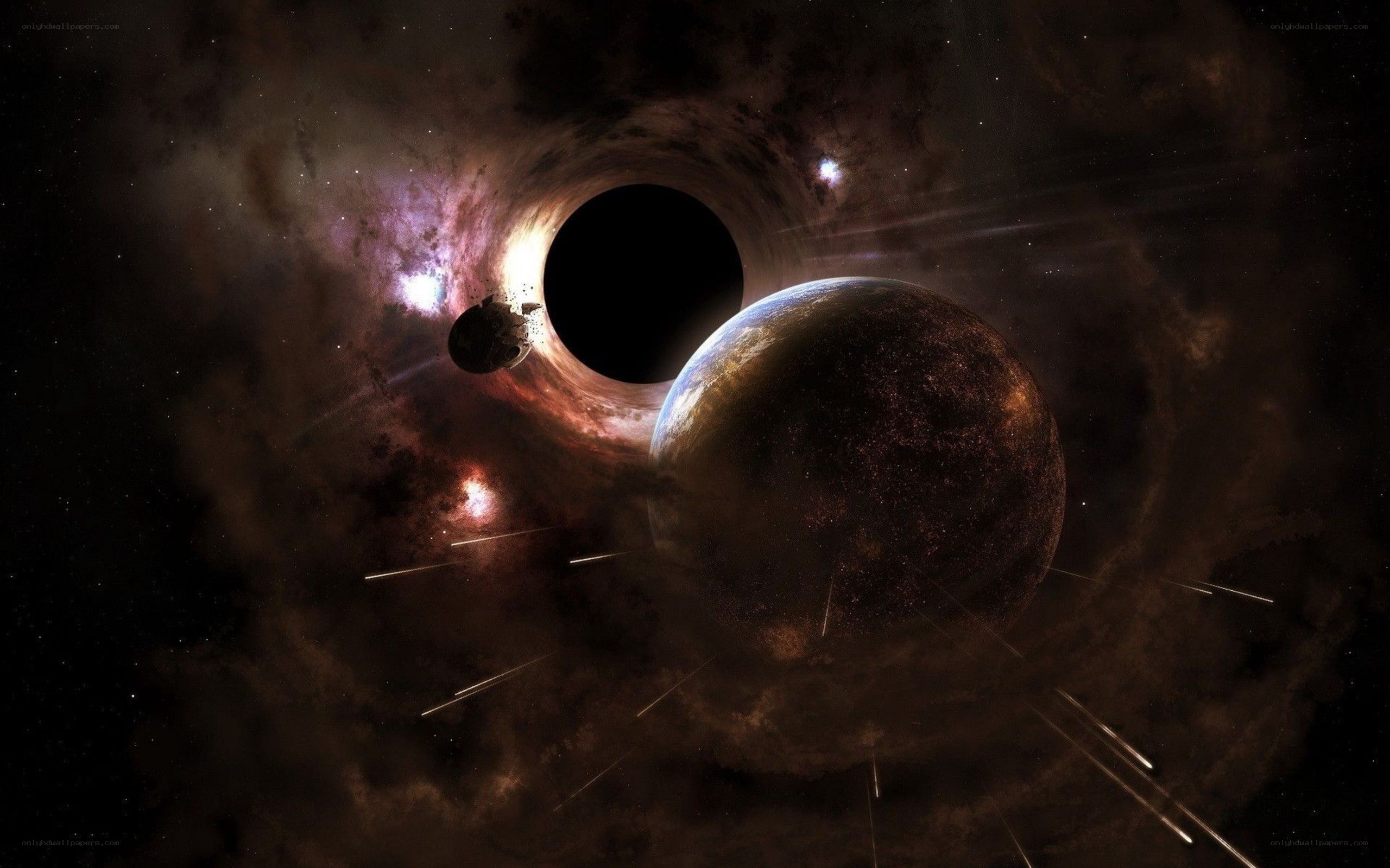 Black hole and planet in space