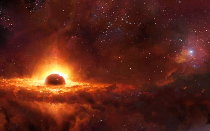 Black Hole in Nebula — Red, Dramatic
