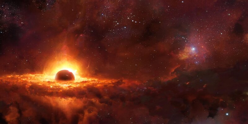 Black Hole with Accretion Disk — Red, Dramatic, Digital Art, Stars, Nebula