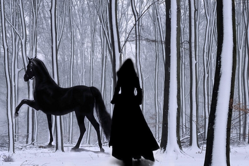 Black Horse and Cloaked Figure