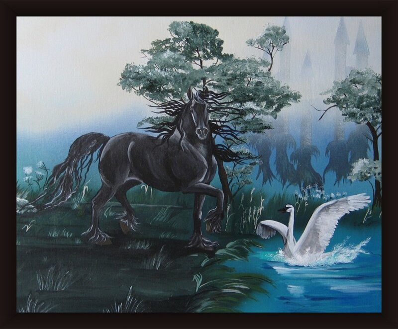 Black horse and swan in a forest
