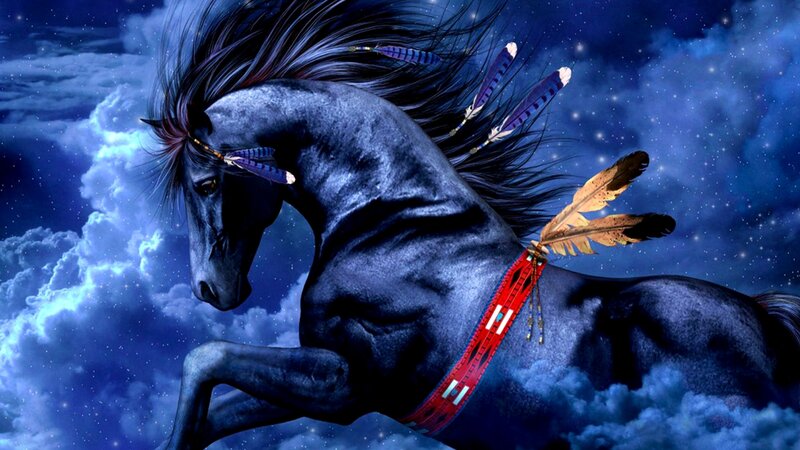Black Horse in Clouds — Blue