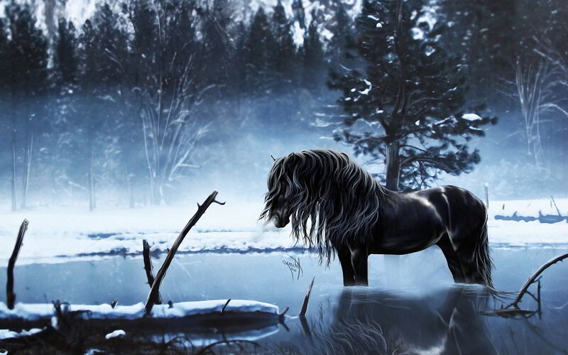 Black Horse in Water — Blue, Cold, Winter, Digital Art