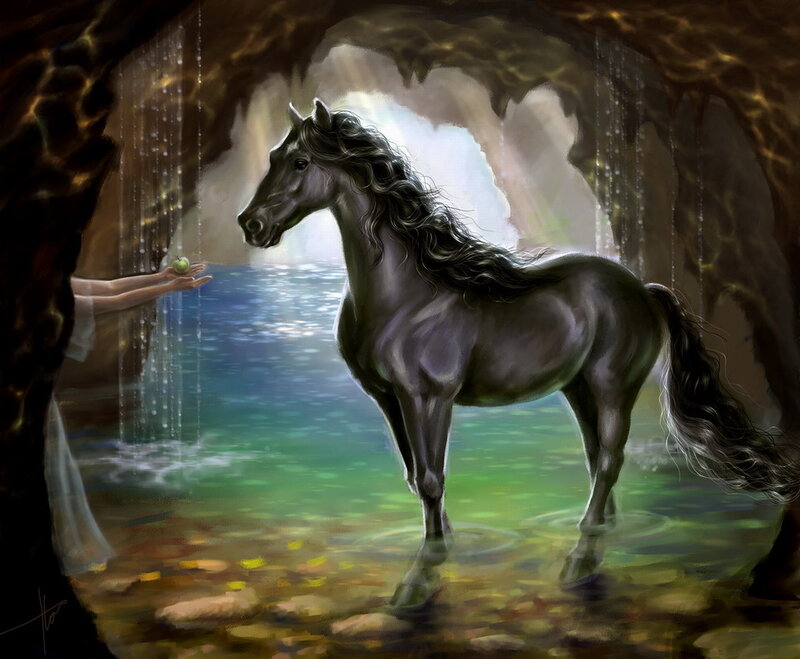 Black Horse in Water — Serene, Digital Art