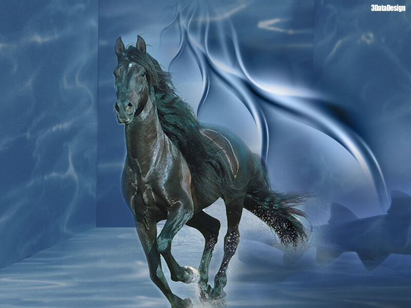 Black Horse Running — Blue, Dramatic, Digital Art