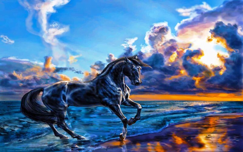 Black Horse Running — Blue, Dramatic, Sunset, Digital Art, Ocean