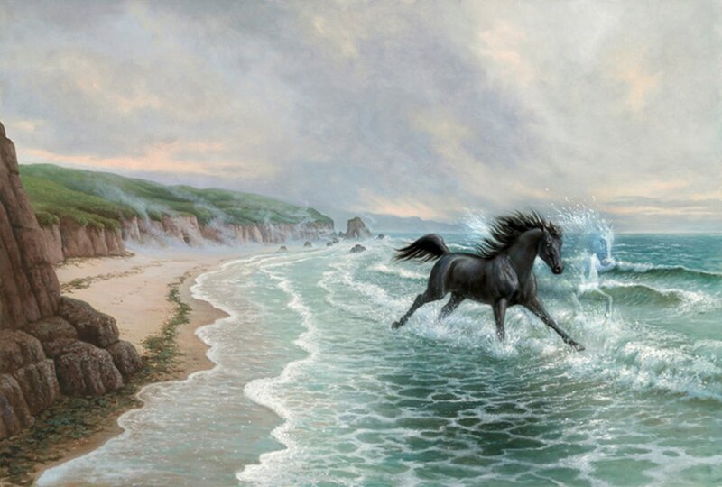 Black Horse Running — Blue, Dramatic, Sunset, Painting