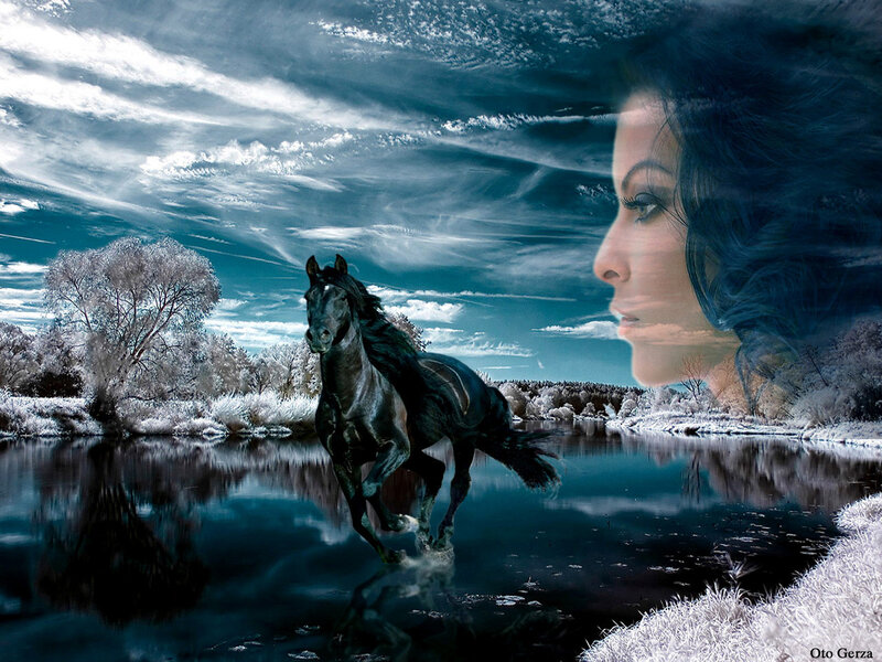 Black Horse Running — Blue, Dramatic, Winter, Digital Art, Woman's Face
