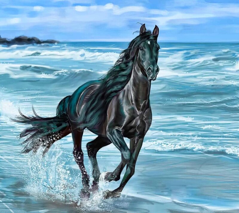 Black Horse Running — Blue, Dynamic, Afternoon, Digital Art