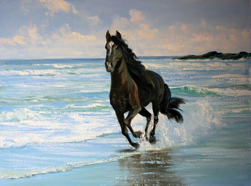 Black Horse Running — Blue, Dynamic, Afternoon, Painting