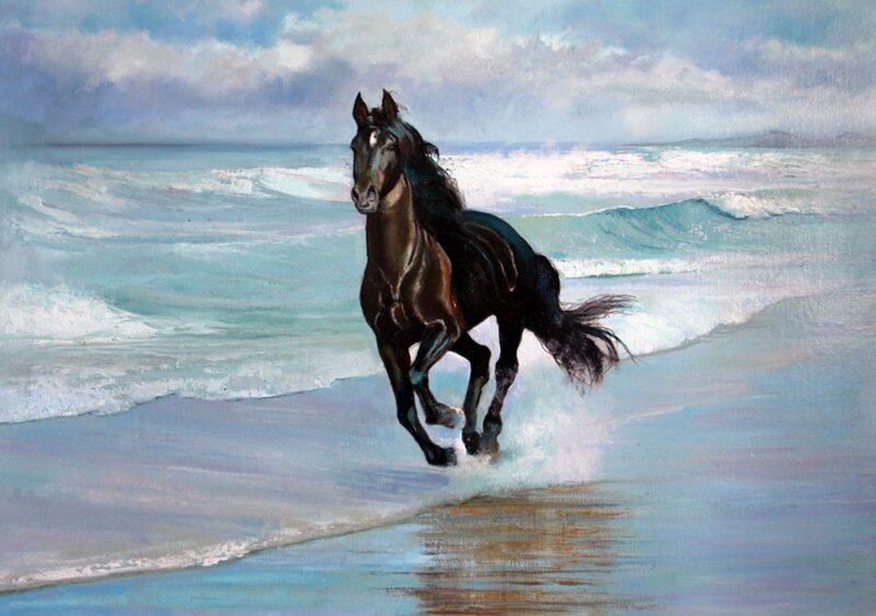 Black Horse Running — Blue, Dynamic, Painting