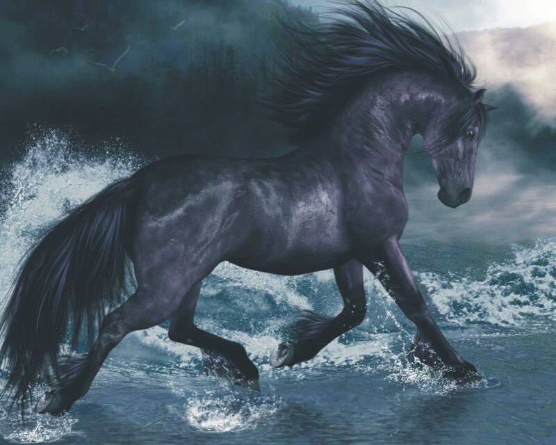 Black Horse Running — Dramatic, Digital Art, Water