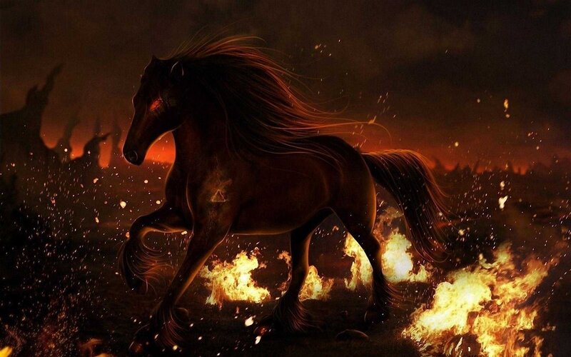 Black Horse Running — Dramatic, Night, Digital Art, Fire, Sparks, Dark Sky