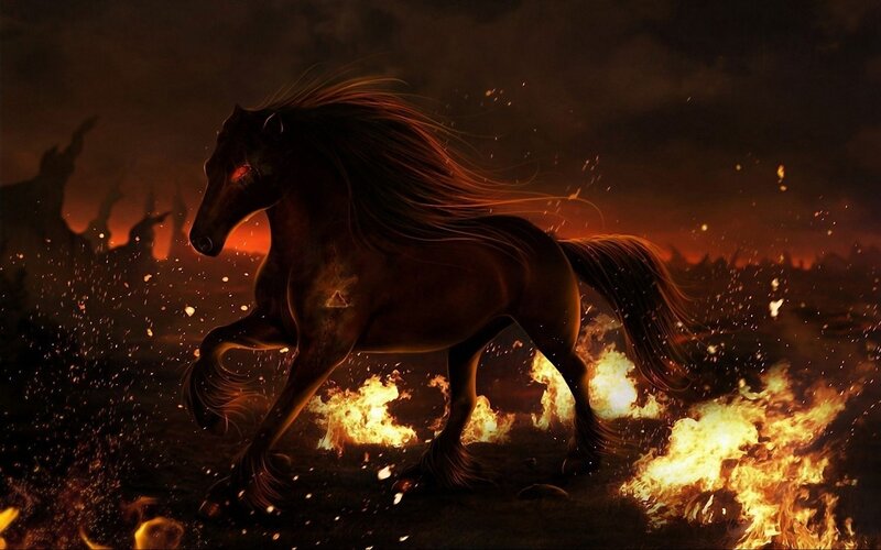 Black Horse Running — Dramatic, Night, Digital Art, Fire, Sparks
