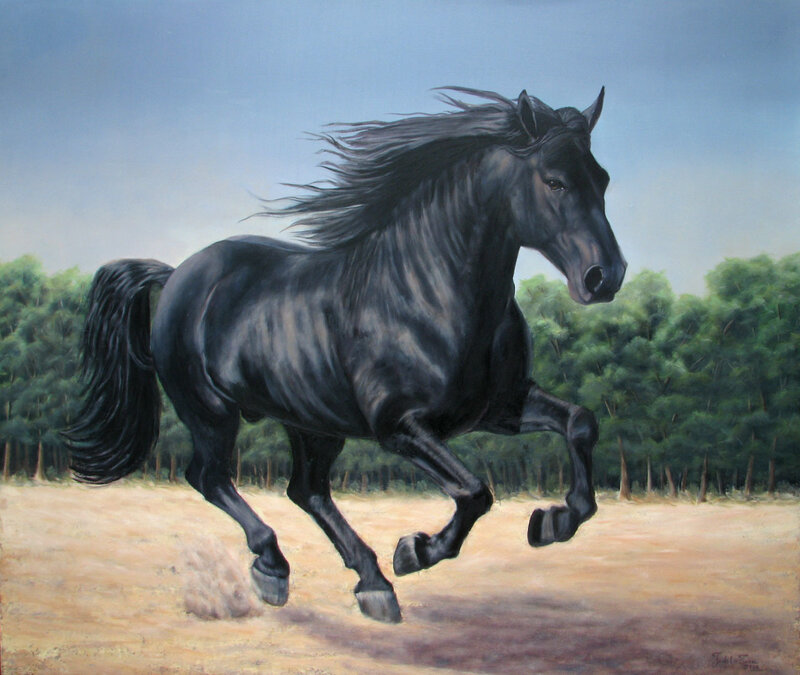 Black Horse Running — Dynamic, Afternoon, Painting