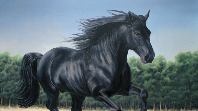 Black Horse Running — Dynamic, Afternoon, Painting, Trees