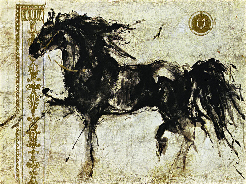 Black Horse Running — Dynamic, Painting, Ornate Border