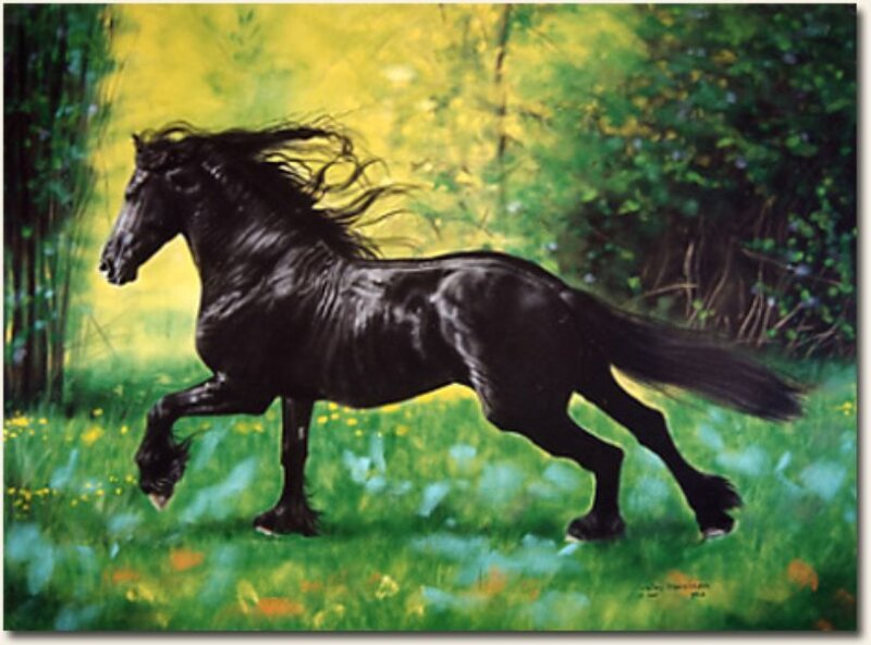 Black Horse Running — Green, Dynamic, Afternoon, Painting